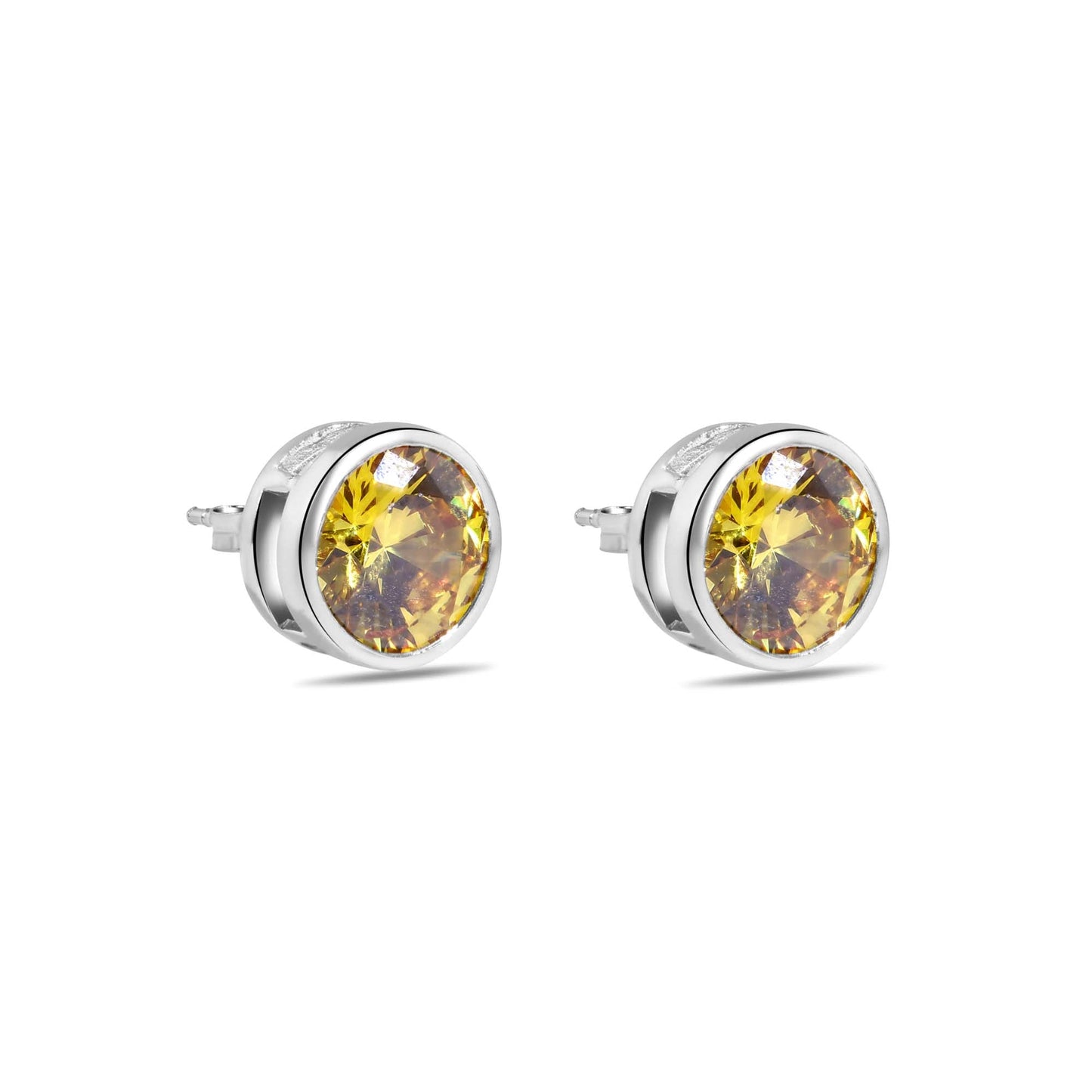 Clearance-Rhodium Plated 925 Sterling Silver Round Yellow Citrine CZ Earrings - STEM133