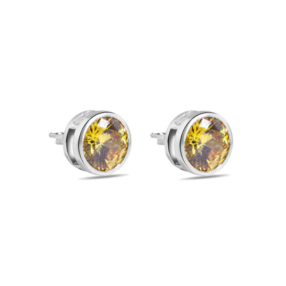 Clearance-Rhodium Plated 925 Sterling Silver Round Yellow Citrine CZ Earrings - STEM133