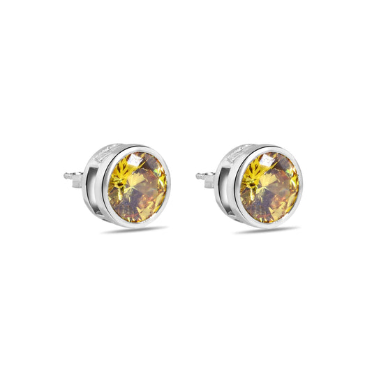 Final Price-Rhodium Plated 925 Sterling Silver Round Yellow CZ Earrings - STEM133