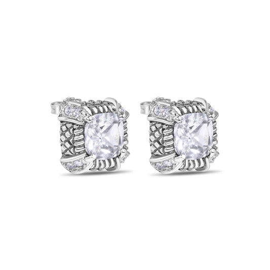 Final Price-Rhodium Plated 925 Sterling Silver Square CZ Stud Earring - STEM140