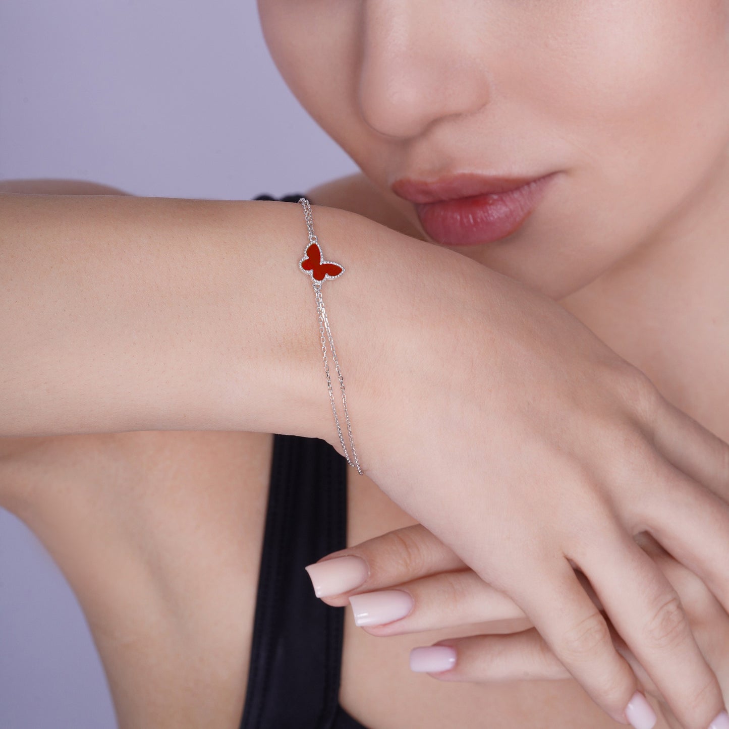 Rhodium Plated 925 Sterling Silver 10mm x 7mm Butterfly Double Strand Adjustable Bracelet - TGB00003