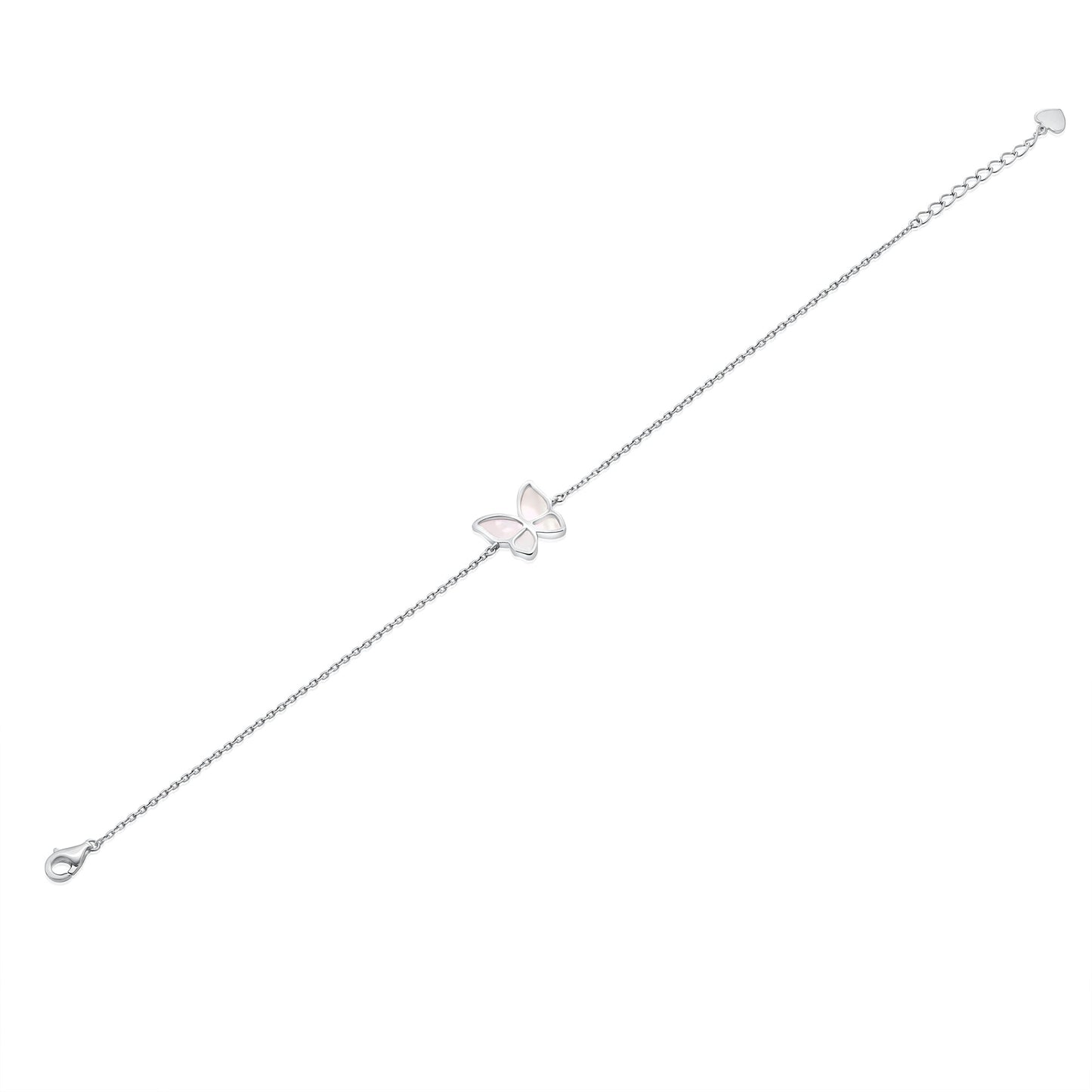 Rhodium Plated 925 Sterling Silver Mother of Pearl Butterfly 12.5mm x 11mm Adjustable Bracelet - TGB00005MP