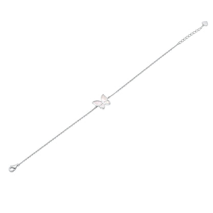 Rhodium Plated 925 Sterling Silver Mother of Pearl Butterfly 12.5mm x 11mm Adjustable Bracelet - TGB00005MP