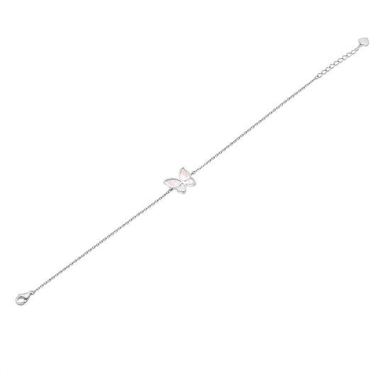 Rhodium Plated 925 Sterling Silver Mother of Pearl Butterfly 12.5mm x 11mm Adjustable Bracelet - TGB00005MP