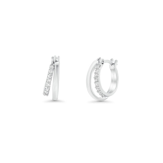 Rhodium Plated 925 Sterling Silver Moissanite Double Row Clear Hoop Earring - MTGE00025