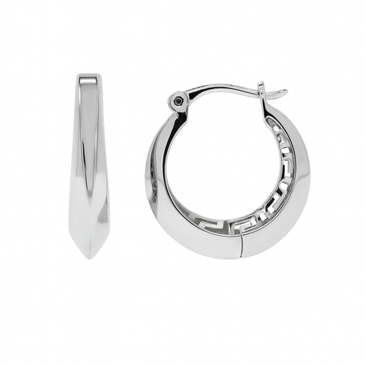 Rhodium Plated 925 Sterling Silver Greek Key Hoop 10.5mm Earring - TGE00008