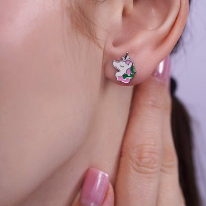 Rhodium Plated 925 Sterling Silver Enamel Unicorn Stud Earring - TGE00027