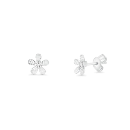 Rhodium Plated 925 Sterling Silver Diamond Cut Flower Stud Earring - TGE00028