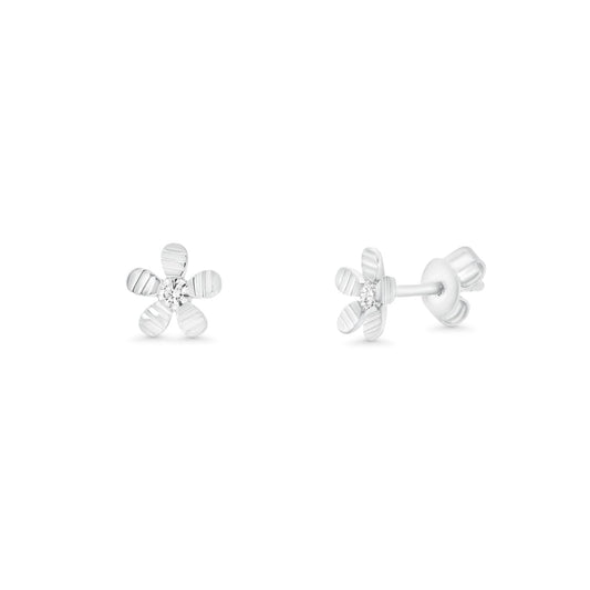 Rhodium Plated 925 Sterling Silver Diamond Cut Flower Stud Earring - TGE00028