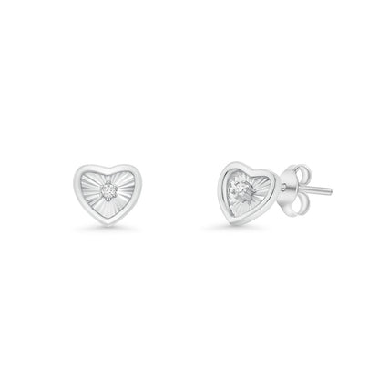 Rhodium Plated 925 Sterling Silver Diamond Cut Clear CZ Heart Stud Earring - TGE00030