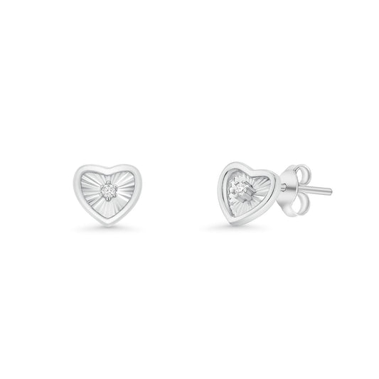 Rhodium Plated 925 Sterling Silver Diamond Cut Clear CZ Heart Stud Earring - TGE00030