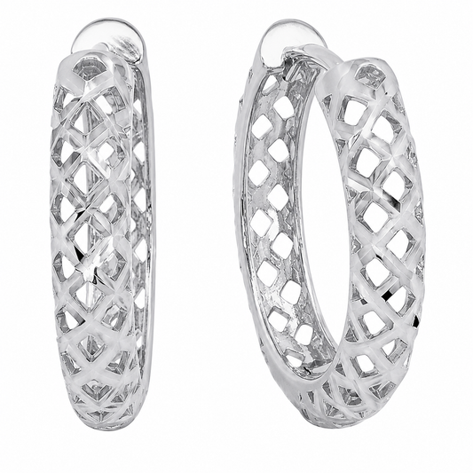 Rhodium Plated 925 Sterling Silver Diamond Cut Openwork Textured Lattice Hoop Earrings - TGE00038