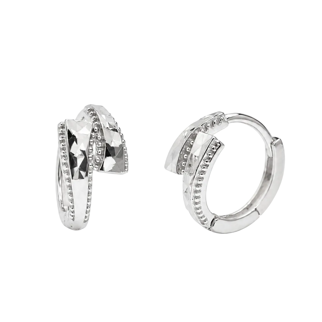 Rhodium Plated 925 Sterling Silver Diamond Cut Geometric Hoop Earrings - TGE00045