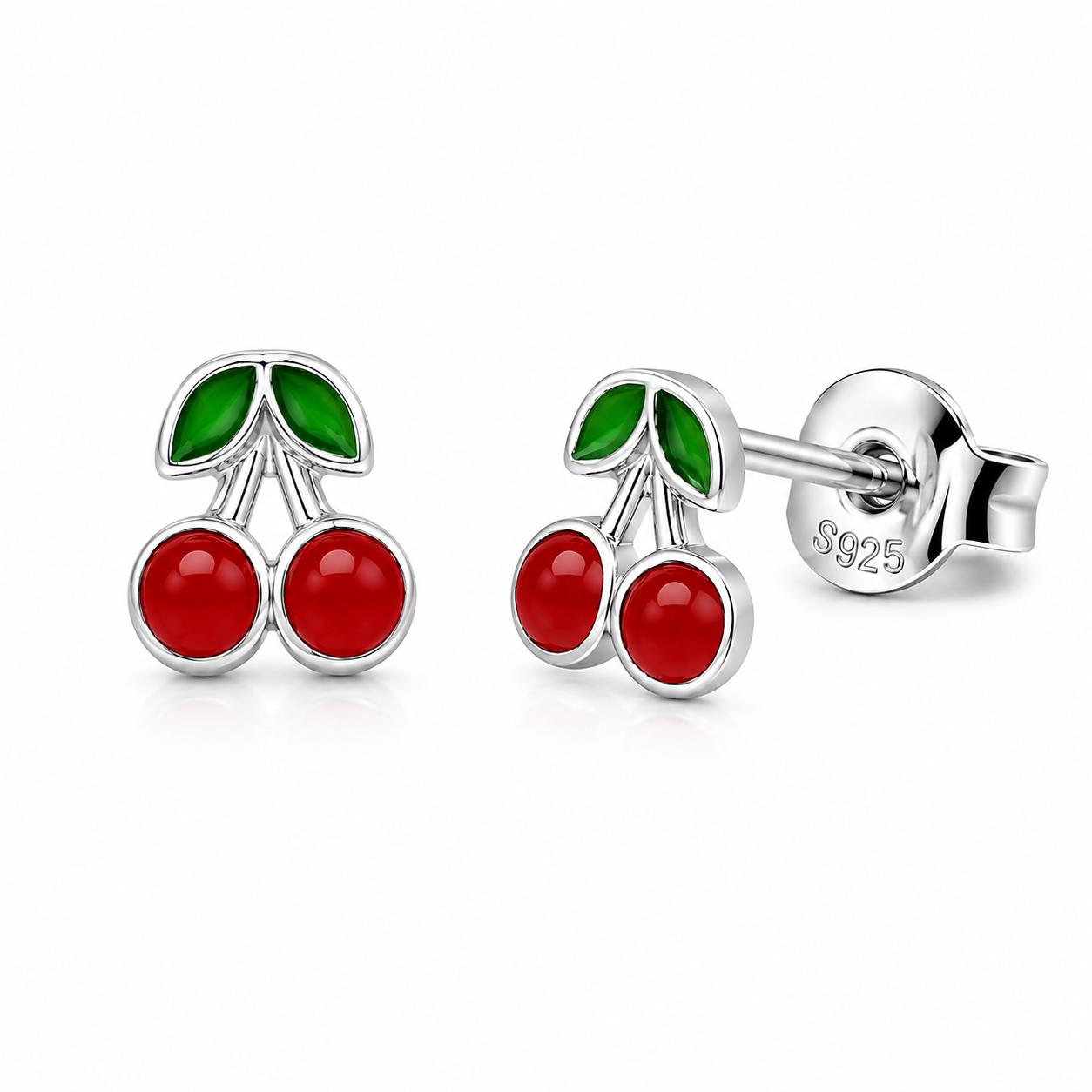 Rhodium Plated 925 Sterling Silver Cherry Red Enamel Fruit Design and Green Leaf Accents Earrings - TGE00058