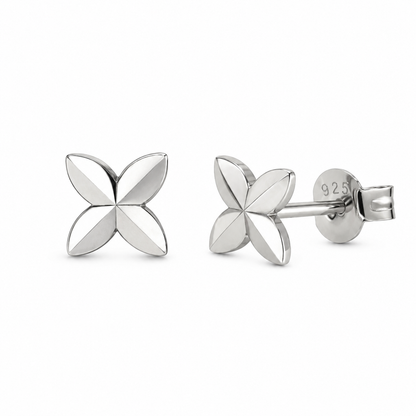 Rhodium Plated 925 Sterling Silver Diamond Cut Quatrefoil Stud Earrings - TGE00059