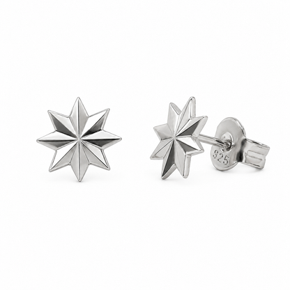 Rhodium Plated 925 Sterling Silver Diamond Cut Starburst Stud Earrings - TGE00061