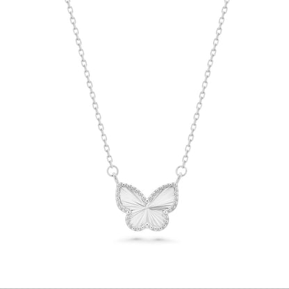 Rhodium Plated 925 Sterling Silver 11.7mm x 10.9mm Diamond Cut Butterfly Adjustable Necklace - TGN00003