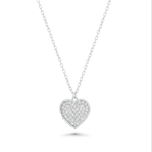 Rhodium Plated 925 Sterling Silver 11mm x 13mm Heart CZ Studded Adjustable Necklace - TGN00005