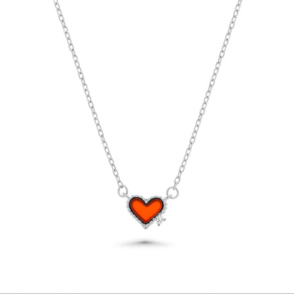 Rhodium Plated 925 Sterling Silver 7mm x 6mm Red Heart Single CZ Adjustable Necklace - TGN00006AGT