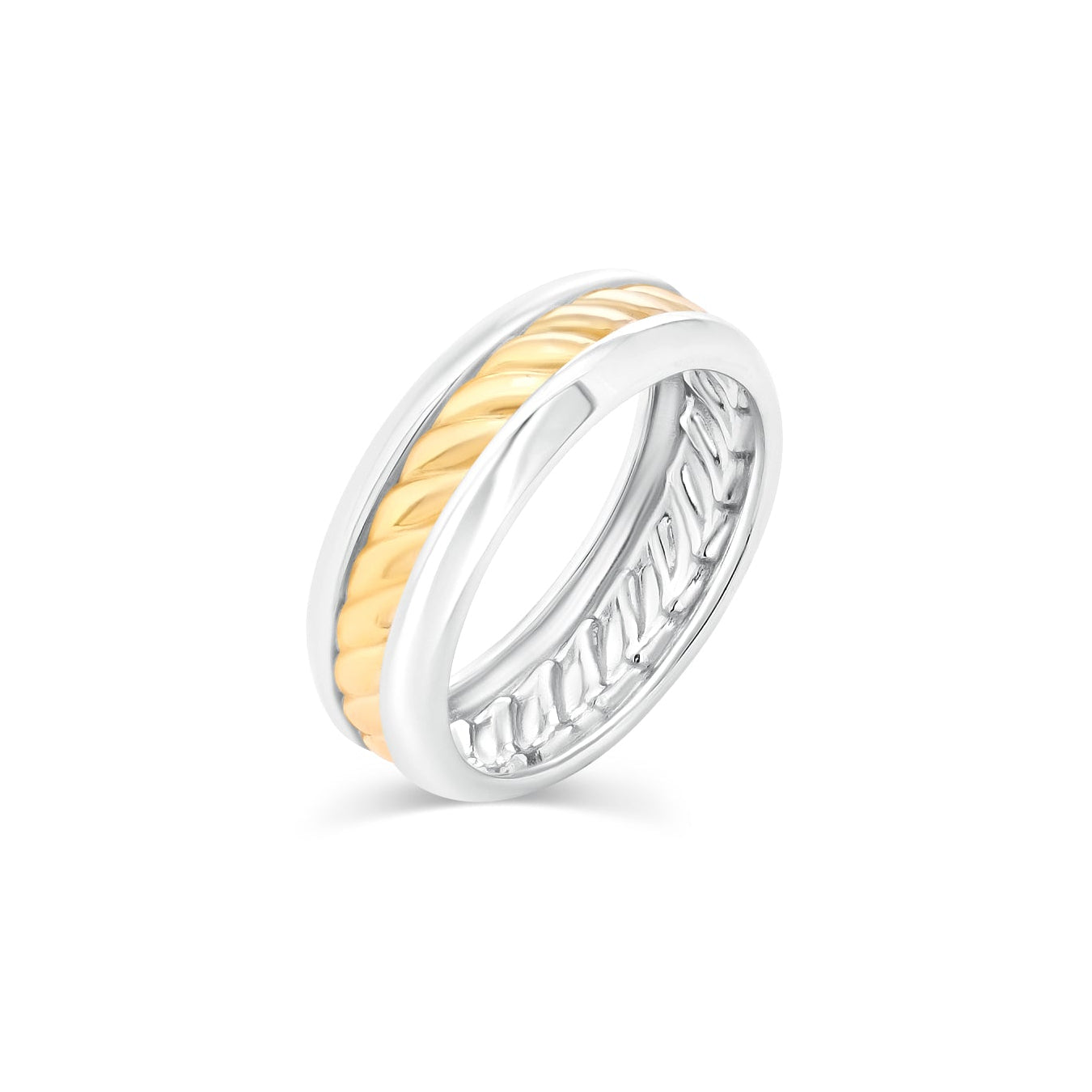 Two-Tone Plated 925 Sterling Silver Men's Diagonal Cut Pattern Band 7.6mm Ring - TGR00018