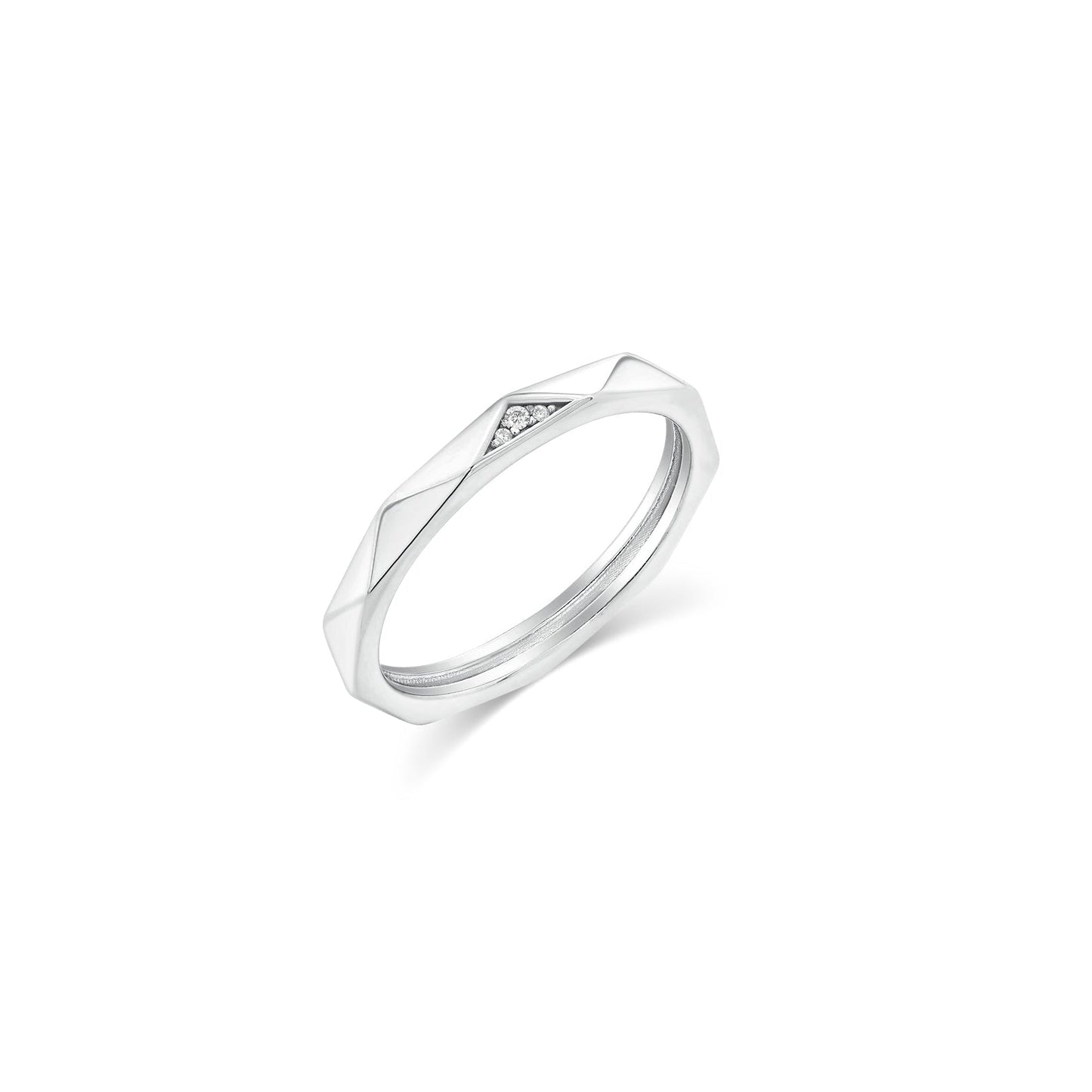 Rhodium Plated 925 Sterling Silver Men's Faceted Edge Clear CZ 3.3mm Ring - TGR00020