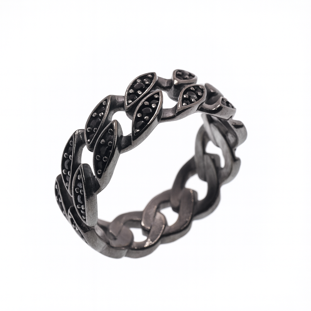 Black Rhodium Plated 925 Sterling Silver Men's Cuban Black CZ 7mm Ring - TGR00003