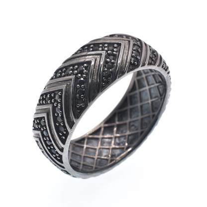 Black Rhodium Plated 925 Sterling Silver Men's Pattern Band Black CZ 8.3mm Ring - TGR00006
