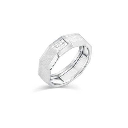 Rhodium Plated 925 Sterling Silver Men's Clear CZ Baguette Textured Edge 7.5mm Ring - TGR00010