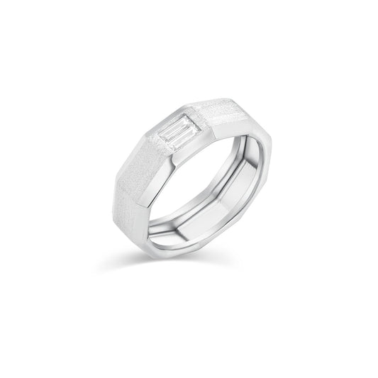 Rhodium Plated 925 Sterling Silver Men's Clear CZ Baguette Textured Edge 7.5mm Ring - TGR00010