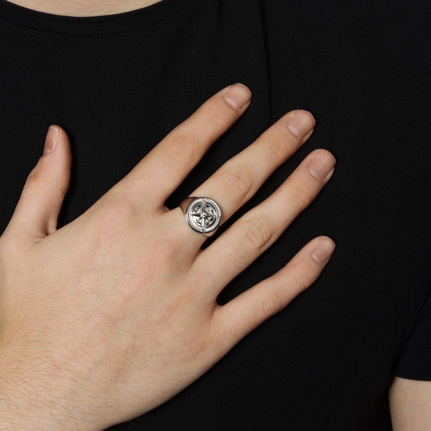 Rhodium Plated 925 Sterling Silver Men's Compass Face 17.7mm Ring - TGR00011