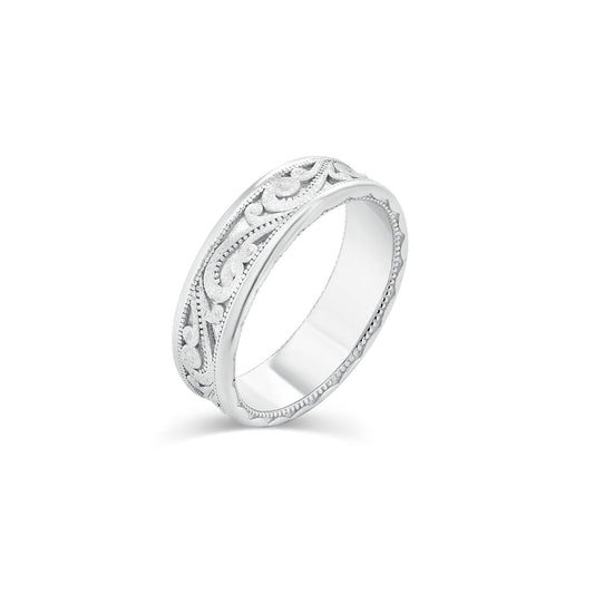 Rhodium Plated 925 Sterling Silver Men's Satin Finish Ornate 6.8mm Ring - TGR00016