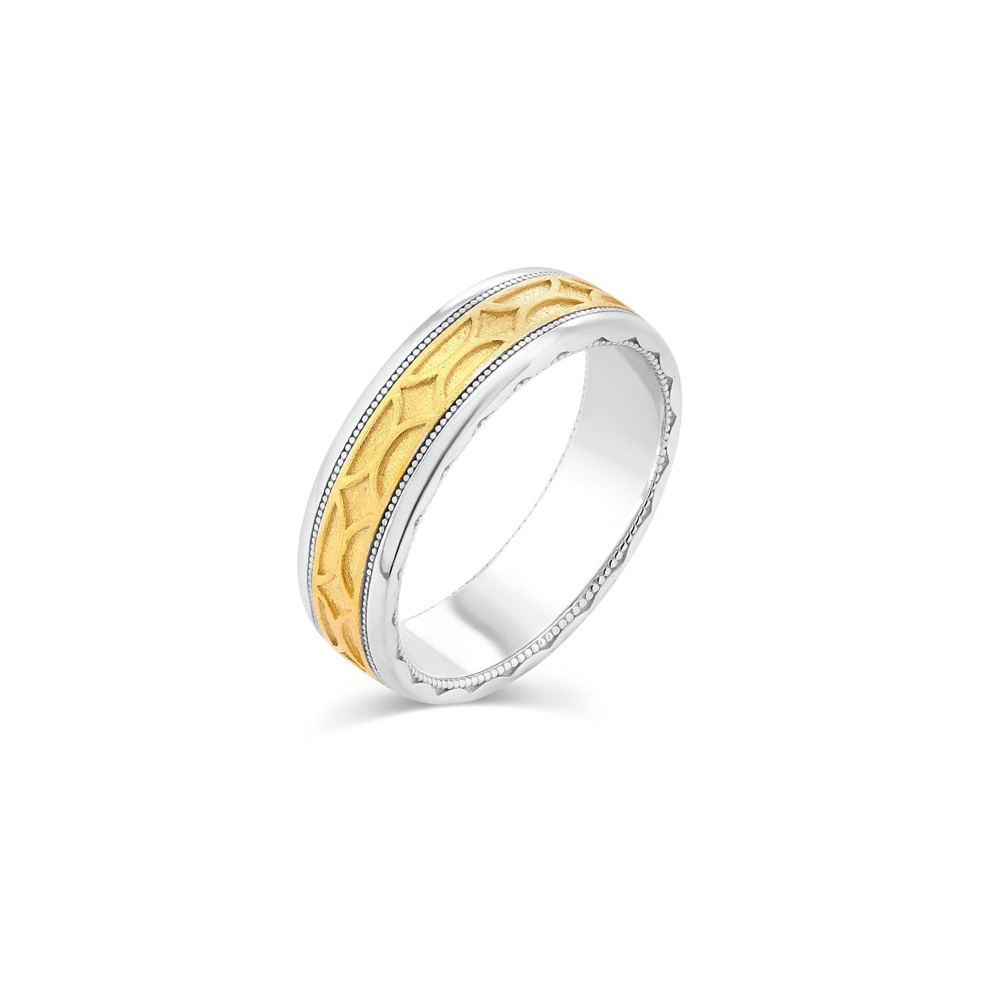 Two-Tone Plated 925 Sterling Silver Men's Satin Finish Geometric Inlay Pattern 6.6mm Ring - TGR00019RG