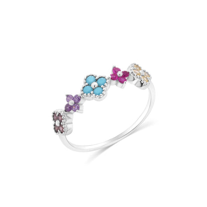 Rhodium Plated 925 Sterling Silver Multi Color CZ Flower Ring - TGR00029