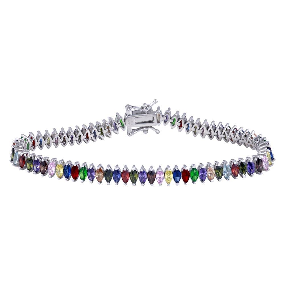 Silver 925 Rhodium Plated Rainbow Marquise CZ Tennis Bracelet - TMB00002 | Silver Palace Inc.