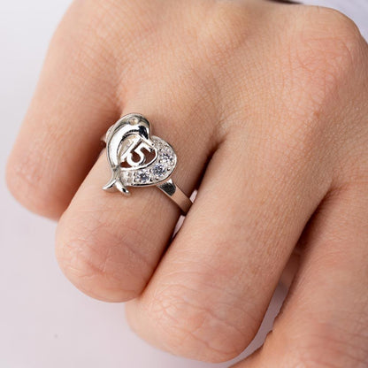 Rhodium Plated 925 Sterling Silver Crown 15 Heart Dolphin Ring with CZ - TMR00007