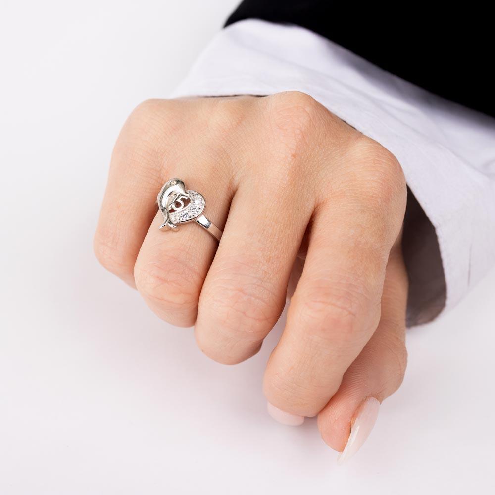 Rhodium Plated 925 Sterling Silver Crown 15 Heart Dolphin Ring with CZ - TMR00007