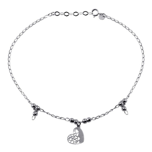 Silver 925 Rhodium Plated Heart and Beads Anklet - TRA00001 | Silver Palace Inc.