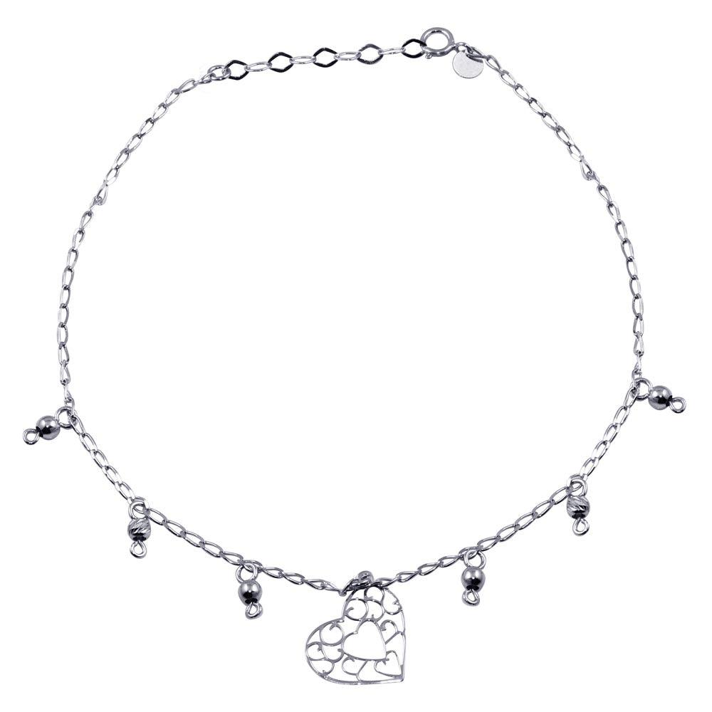 Silver 925 Rhodium Plated Heart Charm Anklet - TRA00002 | Silver Palace Inc.