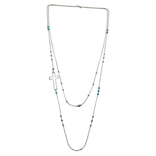 Silver 925 Rhodium Plated Cross Chain Necklace with Turquoise Beads - TRN00002 | Silver Palace Inc.