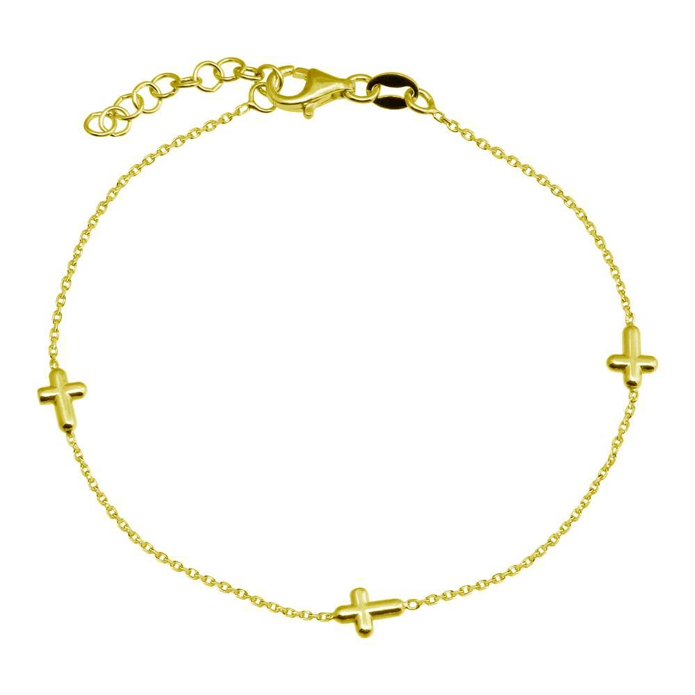 925 Sterling Silver Adjustable Single Strand Gold Plated Bracelet with 3 Cross - VGB17GP | Silver Palace Inc.