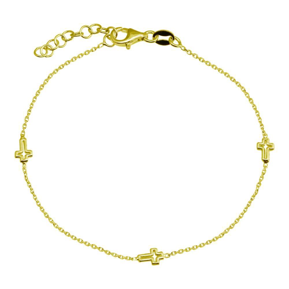 925 Sterling Silver Adjustable Single Strand Gold Plated Bracelet with 3 Cross - VGB21GP | Silver Palace Inc.