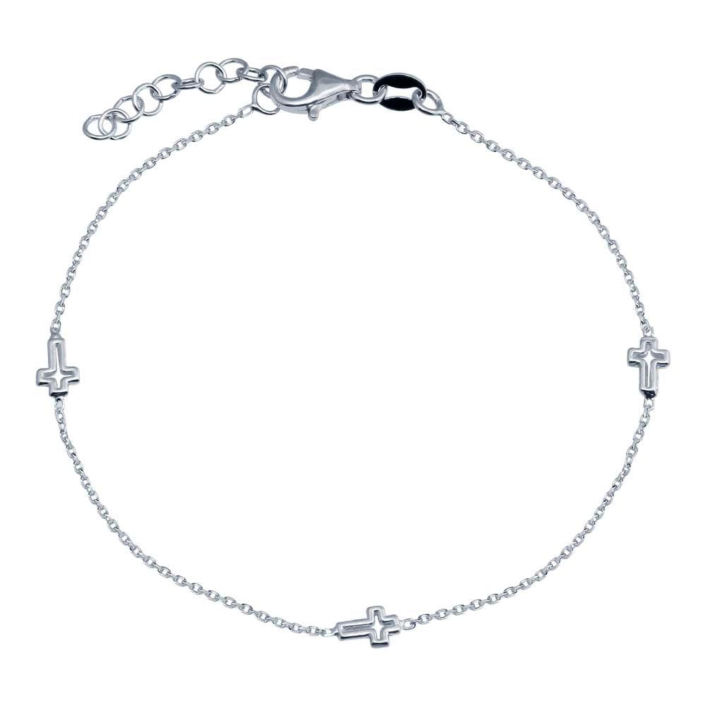 925 Sterling Silver Adjustable Single Strand Rhodium Plated Bracelet with 3 Cross - VGB21RH | Silver Palace Inc.