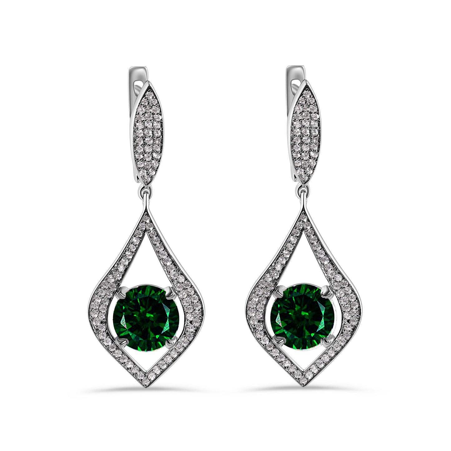 Rhodium Plated 925 Sterling Silver Chandelier Round Emerald CZ Dangling Earring  - AME0000GREEN