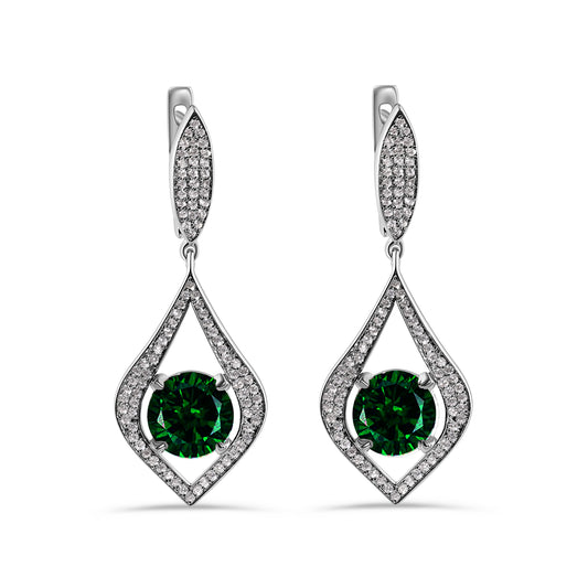 Rhodium Plated 925 Sterling Silver Chandelier Round Emerald CZ Dangling Earring  - AME0000GREEN