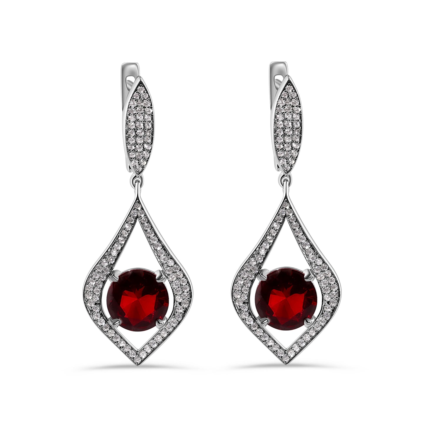 Rhodium Plated 925 Sterling Silver Chandelier Round Ruby CZ Dangling Earring  - AME00004RED