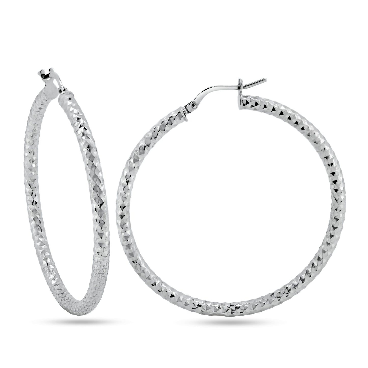 Rhodium Plated 925 Sterling Silver 3mm Diamond Cut Textured Hoop Earrings - ARE00037RH