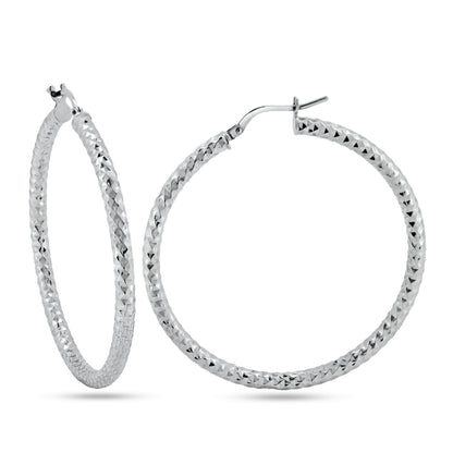 Rhodium Plated 925 Sterling Silver 3mm Diamond Cut Textured Hoop Earrings - ARE00037RH