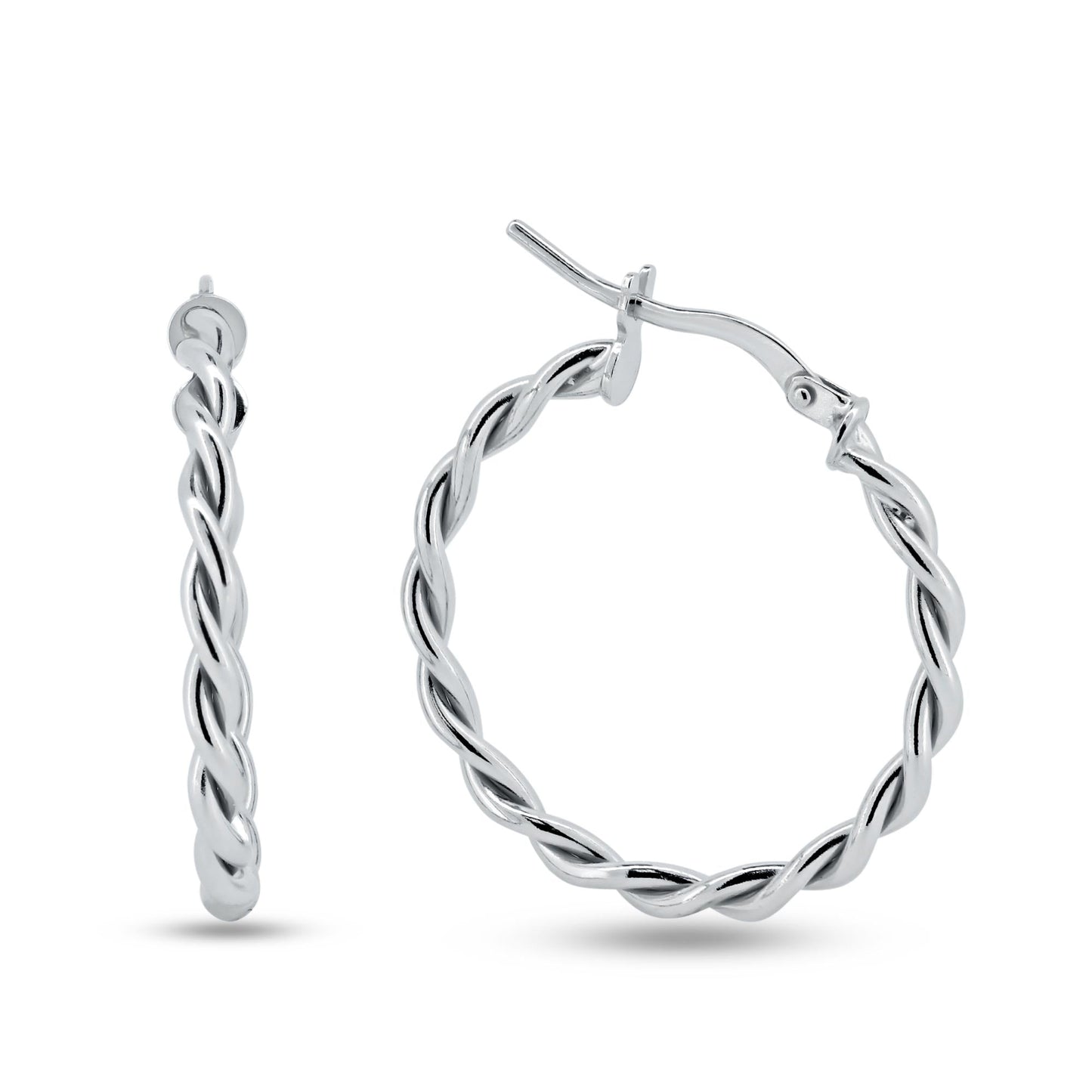 Rhodium Plated 925 Sterling Silver Silver Twisted Hoop Earrings - ARE00040RH