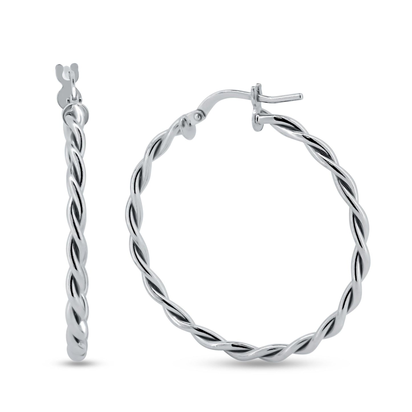 Rhodium Plated 925 Sterling Silver Silver Twisted Hoop Earrings - ARE00040RH