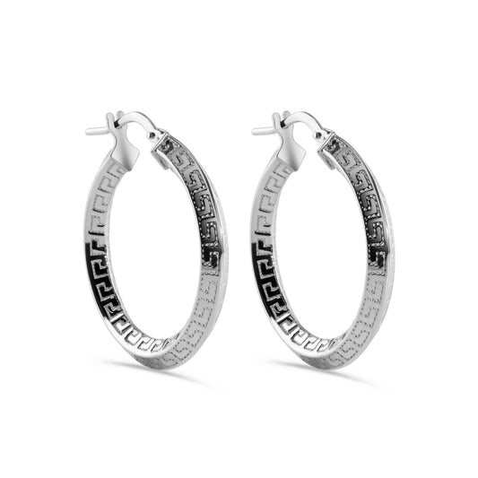 Rhodium Plated 925 Sterling Silver Greek Key 3.7mm x 3.3mm Latch Earring - ARE00047RH